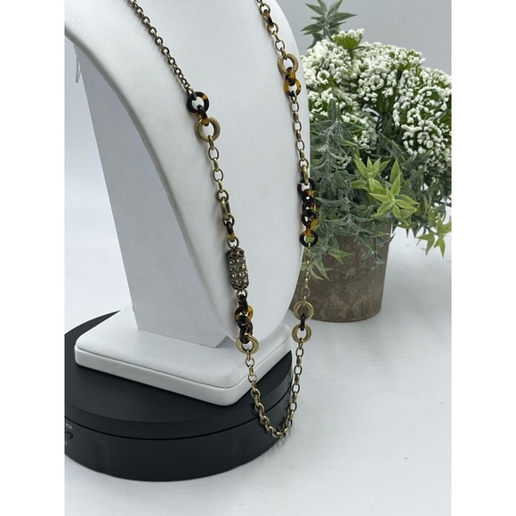 J. Crew‎ Tortoiseshell Links and Pave Barrel Beaded Long Necklace 30" - Picture 11 of 16
